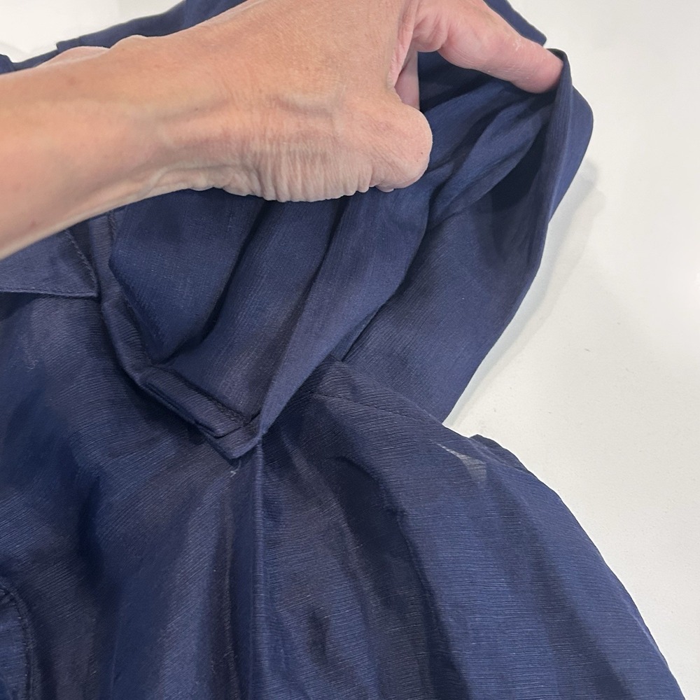 Aureta Studio Stella Blouse S Navy Blue Linen Silk Puff Sleeves Top Luxury Drama - Picture 10 of 13